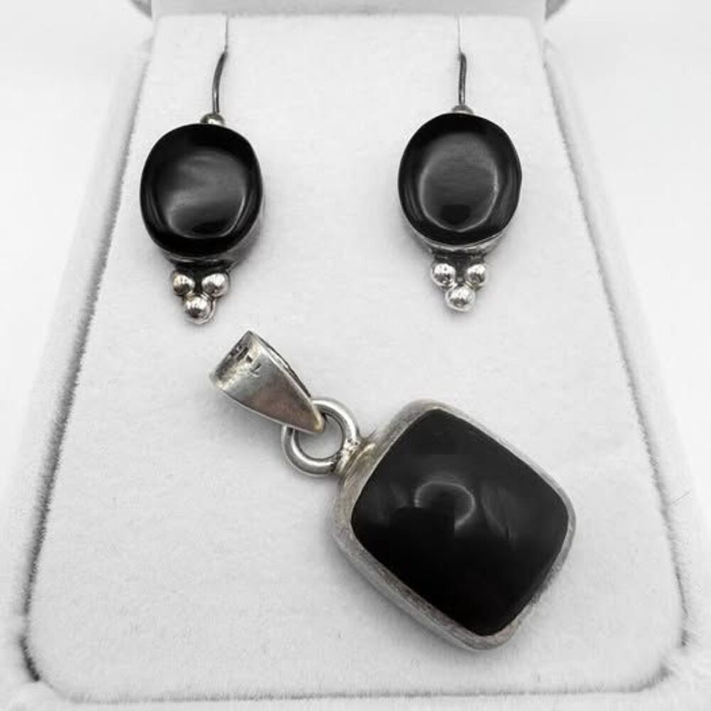 Onyx Earrings And Pendant Set By Taxco Mexico, Signed 925 Sterling Silver VTG